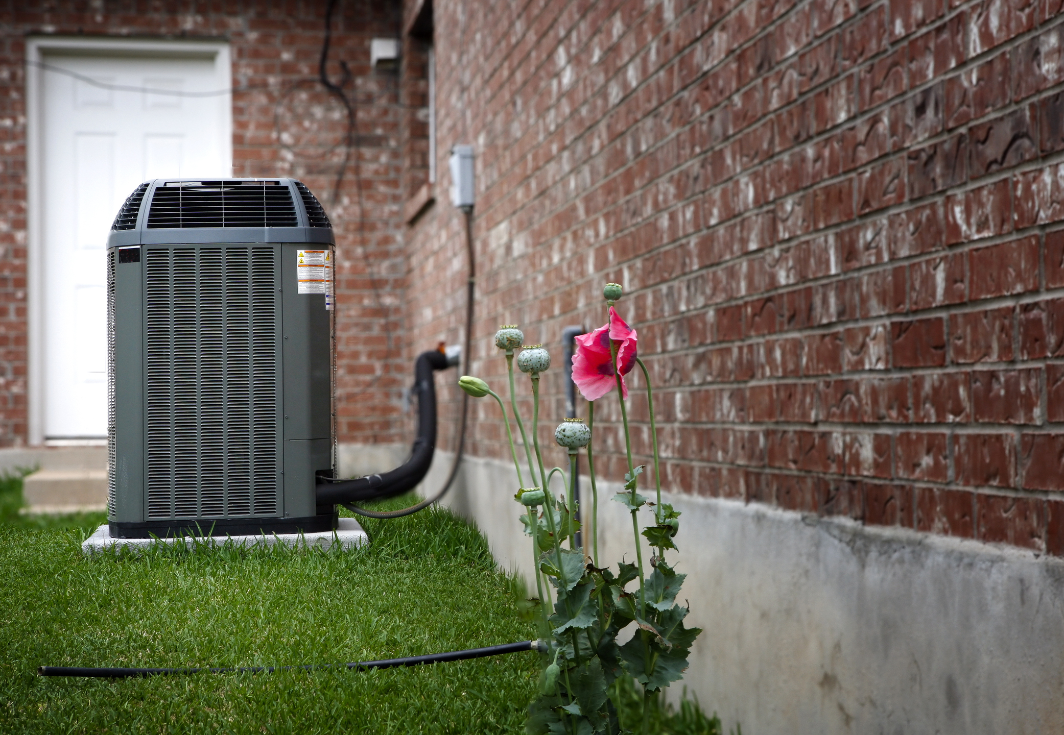 AC unit outside a brick home surrounded by grass with flowers in the forefront
